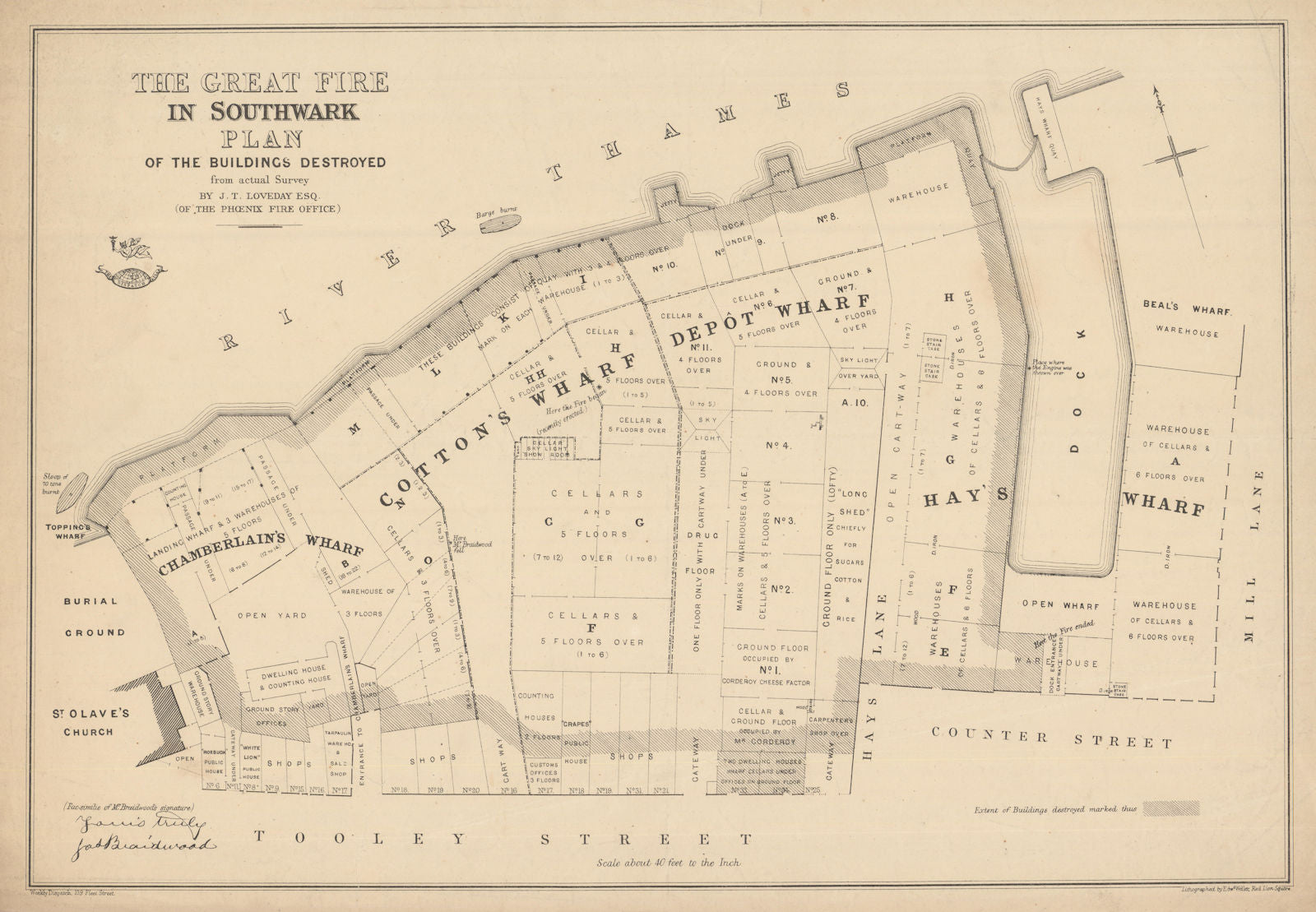 The Great Fire in Southwark… Buildings Destroyed. Tooley Street. WELLER 1865 map